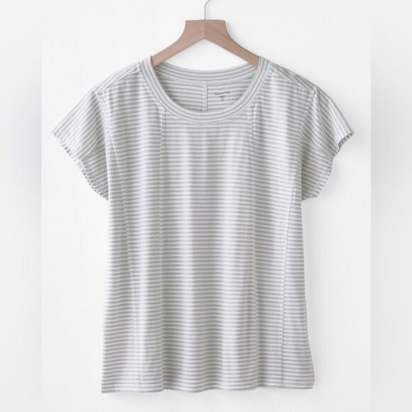 Garnet Hill Seamed Cap-Sleeve‎ Tee White & Grey Striped - Picture 2 of 6